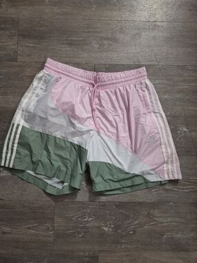adidas Pink, Green and White Swirl Colorblock Athletic Shorts